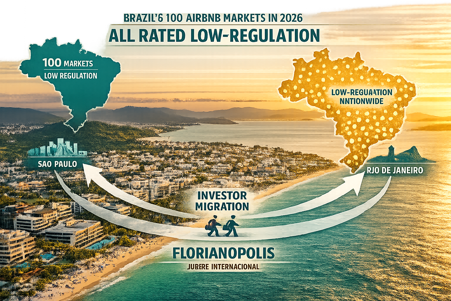 Wide-angle aerial drone shot of Florianópolis coastline at sunset showing luxury beachfront developments and Jurerê