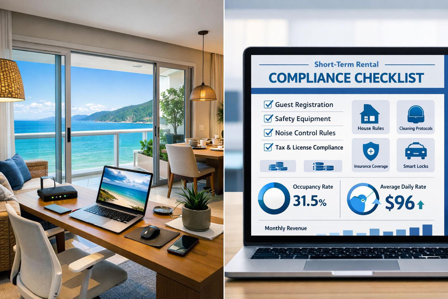 Split-screen () showing left side: a modern luxury coastal apartment interior in Florianópolis with fiber internet setup,