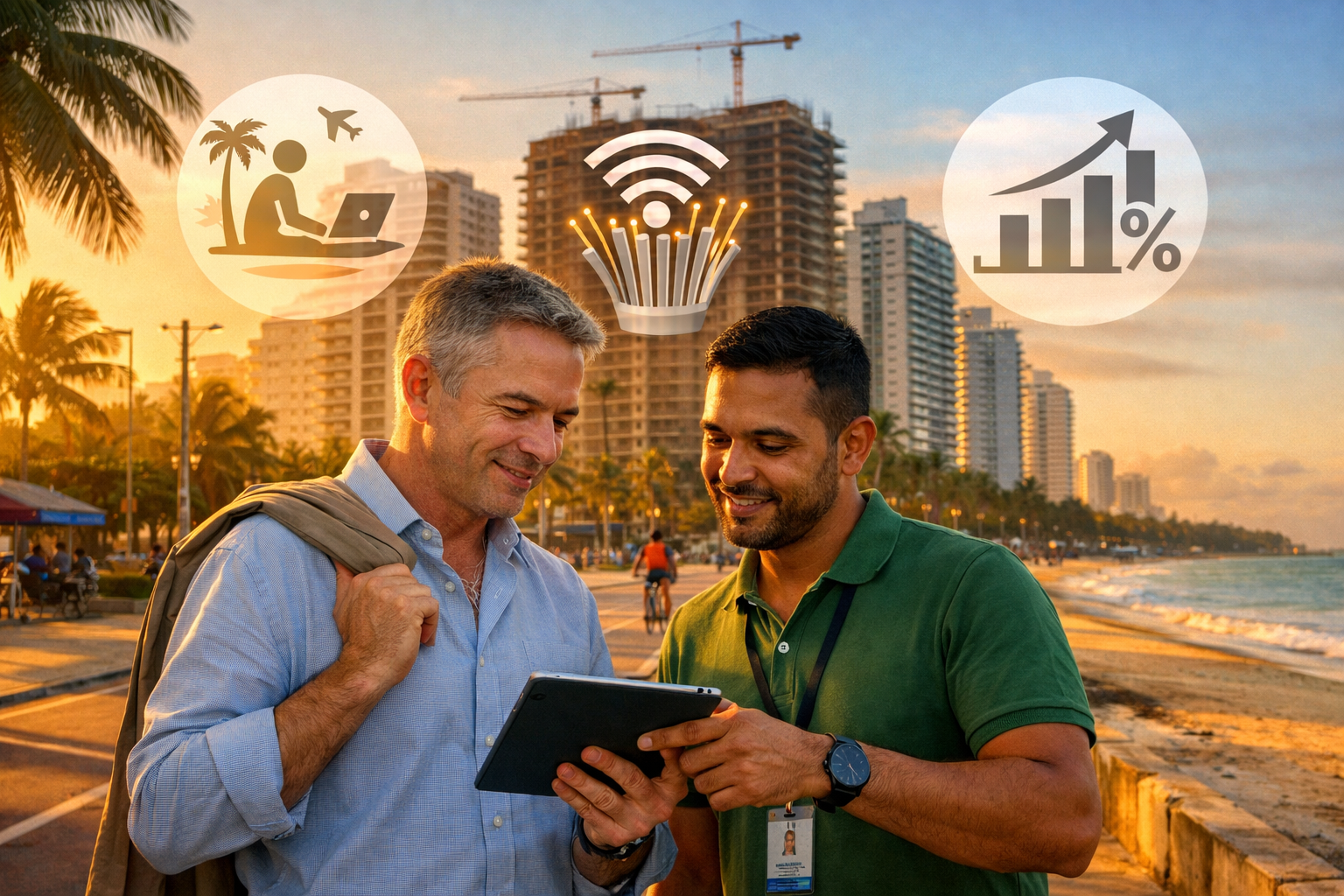 Ground-level street perspective of João Pessoa's Cabo Branco beachfront promenade at dawn with modern residential towers
