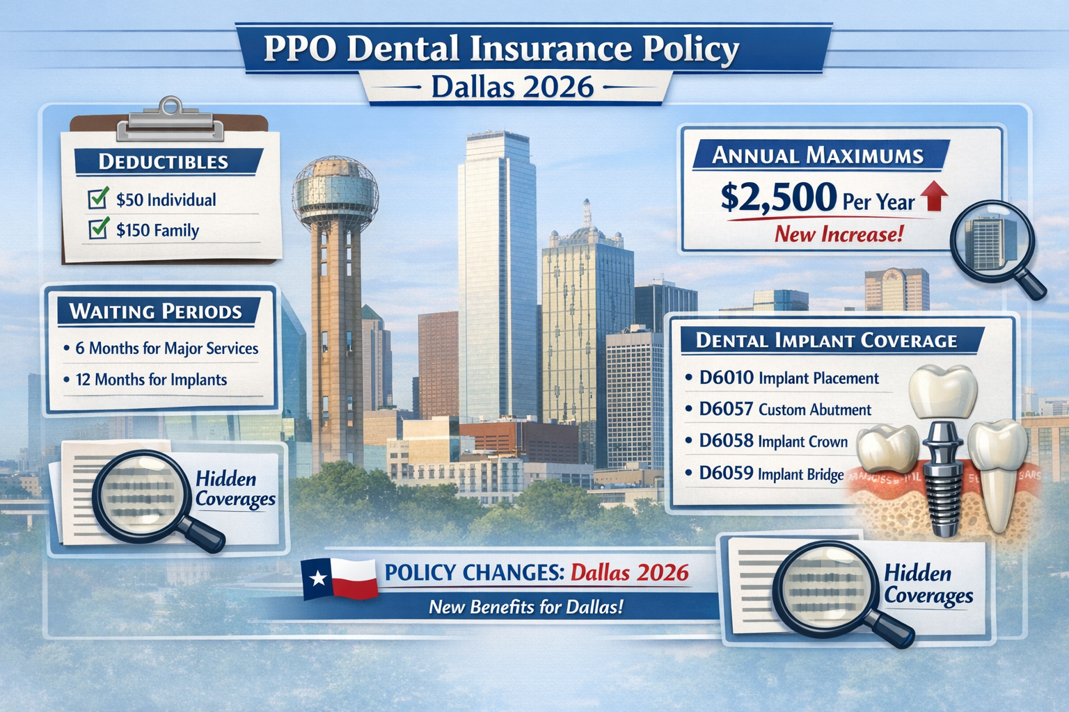 A detailed infographic (1536x1024 landscape) illustrating a PPO dental insurance policy document with key sections highlighted: deductibles,