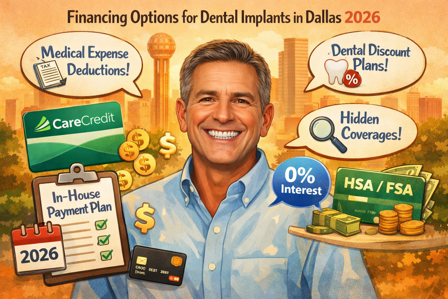 An illustration (1536x1024 landscape) showcasing various financing options for dental implants in Dallas for 2026, complementing PPO insuran