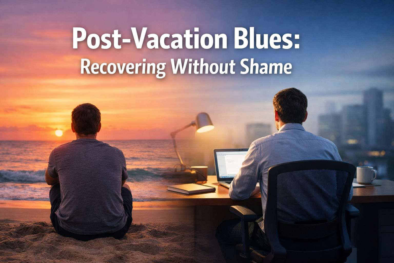 Professional landscape format (1536x1024) hero image featuring bold text overlay 'Post-Vacation Blues: Recovering Without Shame' in extra la