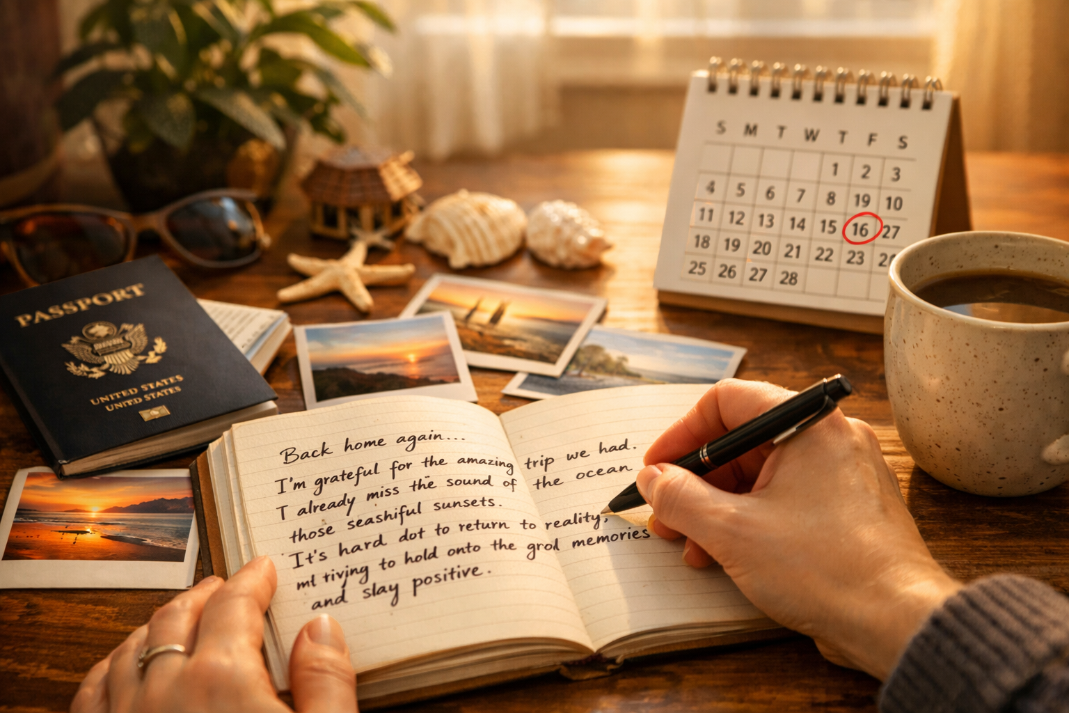 Landscape format (1536x1024) editorial image showing close-up of person journaling at cozy home desk with coffee mug, vacation photos spread