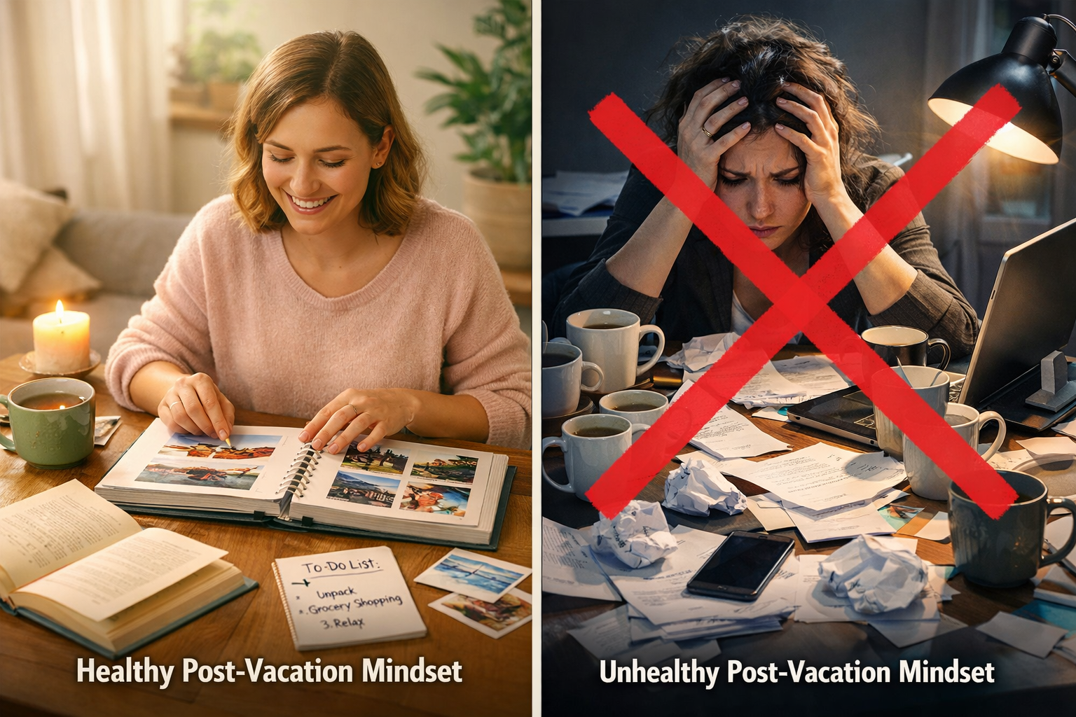 Landscape format (1536x1024) split-screen comparison image showing healthy vs unhealthy post-vacation mindsets. Left side: person smiling wh