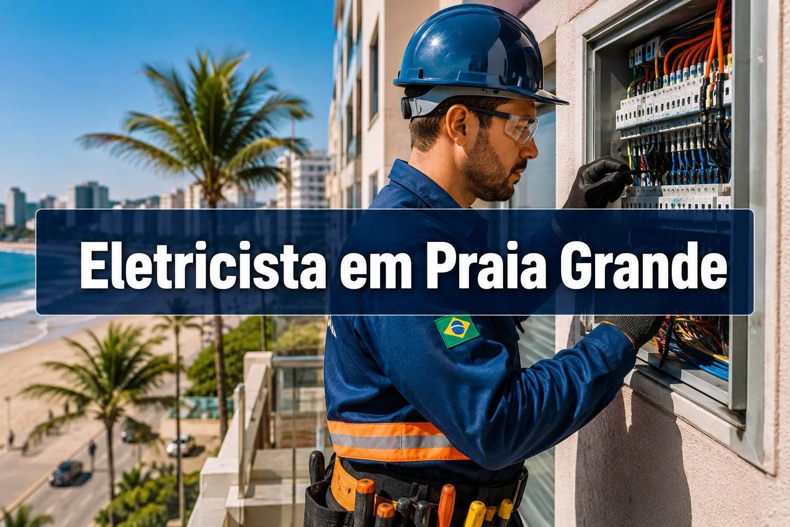 Professional () hero image with (≤42 chars): 'Eletricista em Praia Grande', crisp white centered on a semi-transparent dark