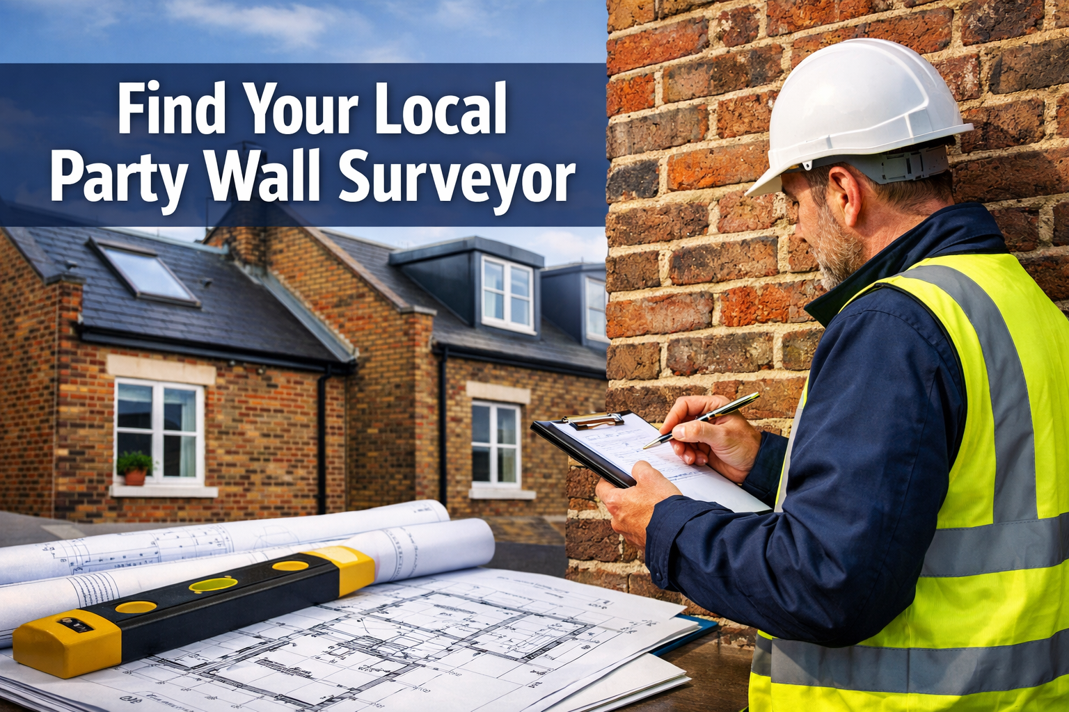 Professional landscape format (1536x1024) hero image featuring bold text overlay 'Find Your Local Party Wall Surveyor' in extra large 72pt w