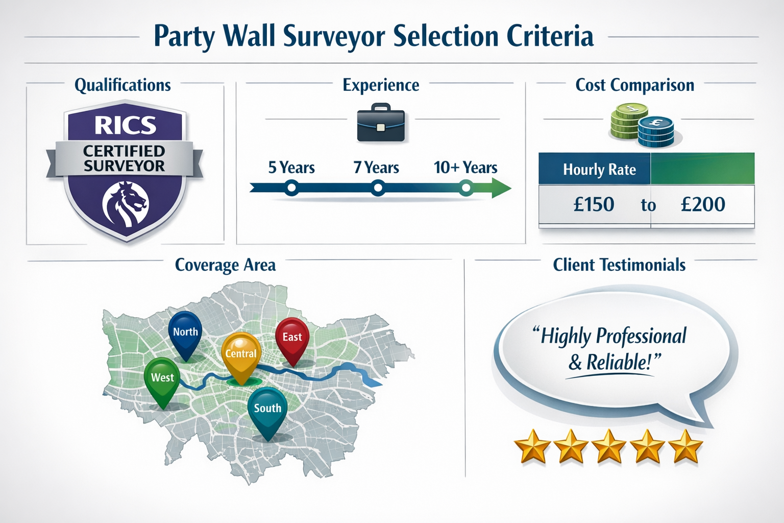 Landscape format (1536x1024) comprehensive infographic displaying party wall surveyor selection criteria with five distinct sections: qualif