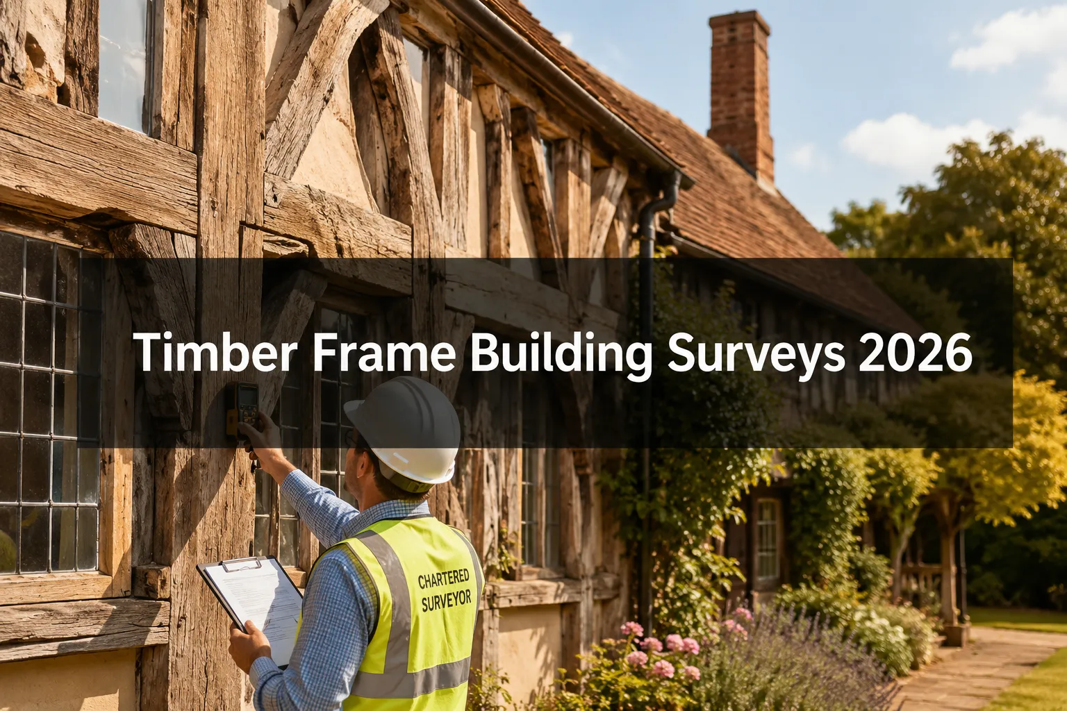 Professional () hero image with (≤42 chars): 'Timber Frame Building Surveys 2026' in crisp white on a deep charcoal