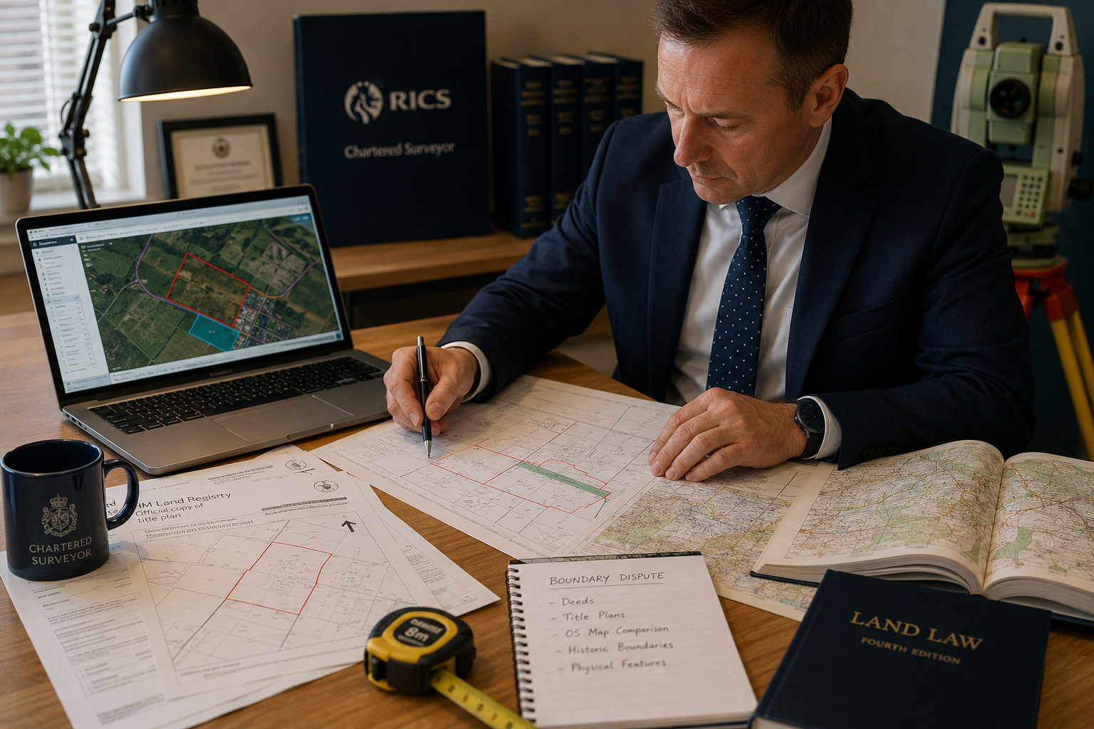 () editorial illustration showing a professional chartered surveyor in formal attire examining land registry title plans and