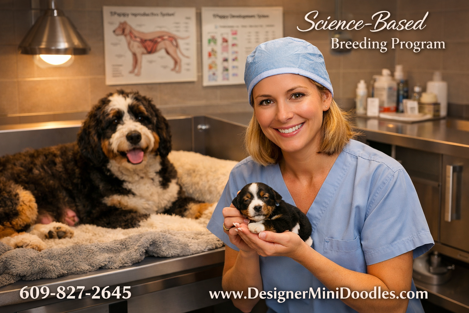 () professional photograph showing a female animal biologist in a clean modern whelping room holding a tiny tri-color