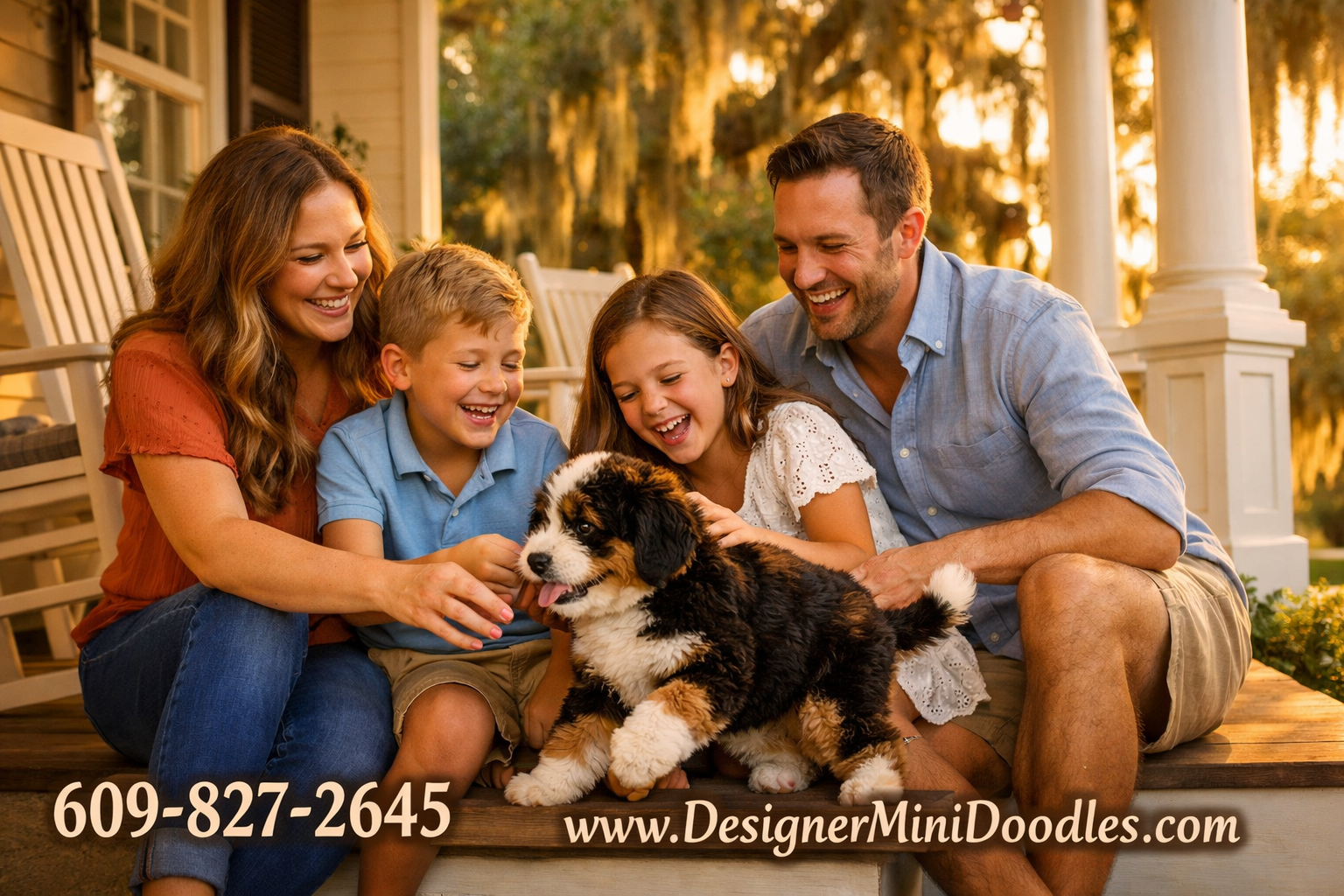 () warm photograph of a happy Georgia family on their front porch with rocking chairs, playing with a fluffy tri-color