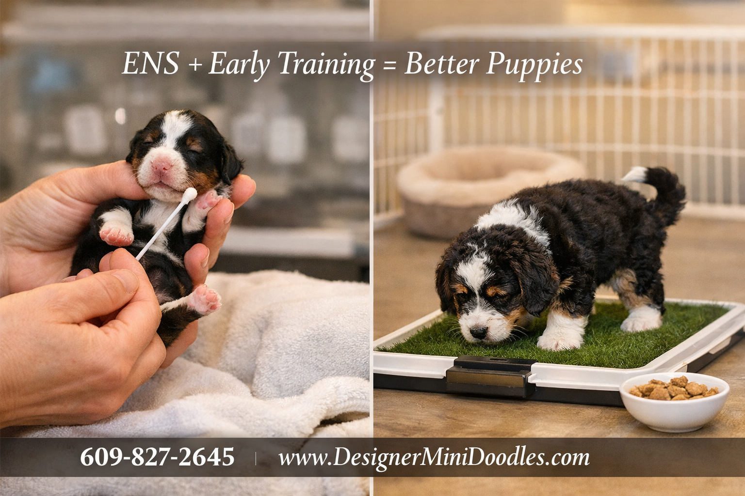 () professional split-image showing the puppy training process: left side shows Early Neurological Stimulation being