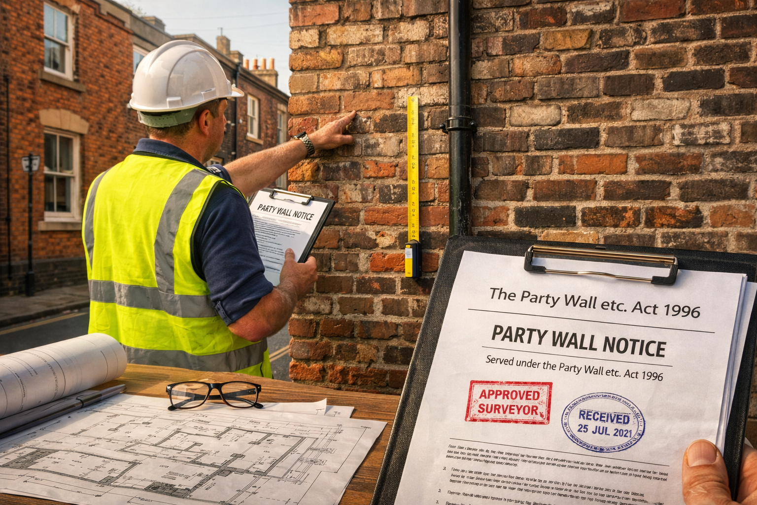 Detailed () image showing professional surveyor in hard hat and hi-vis vest examining shared wall between two Victorian