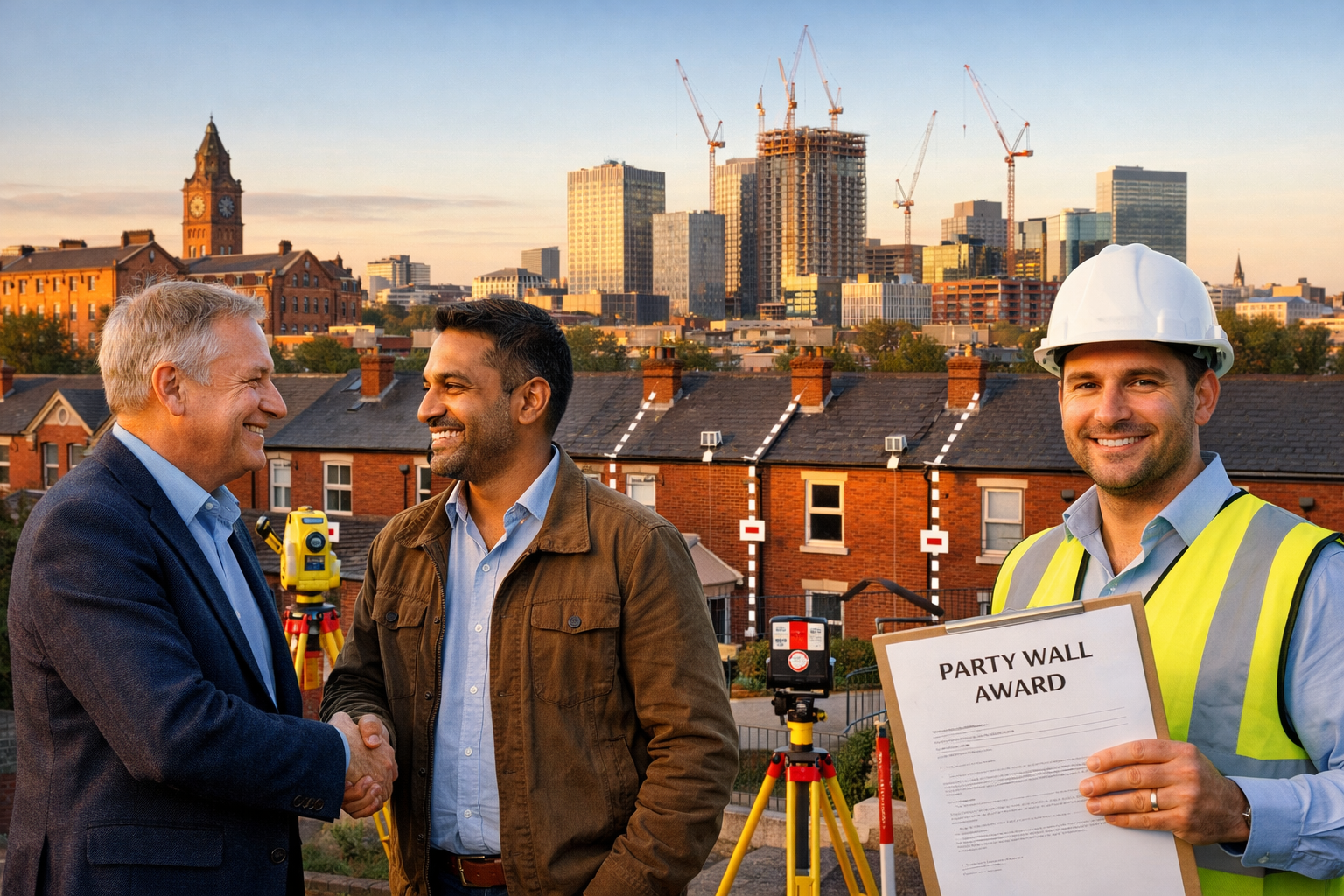 Wide () photograph capturing Manchester regeneration zone with multiple construction sites visible, showing contrast between