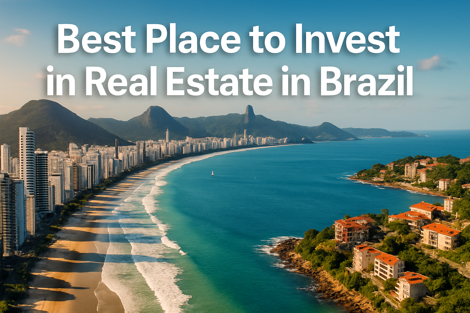 Professional landscape hero image (1536x1024) featuring bold text overlay 'Best Place to Invest in Real Estate in Brazil' in extra large 72p