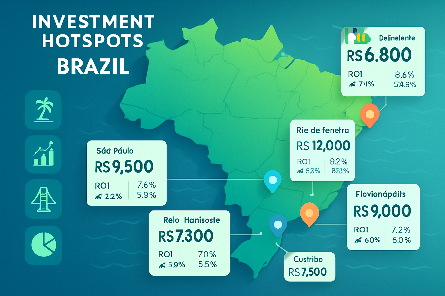 Detailed landscape infographic (1536x1024) showing interactive map of Brazil with highlighted investment hotspots including São Paulo, Rio d
