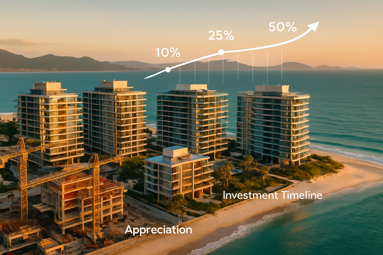 Comprehensive landscape photograph (1536x1024) of Florianópolis beachfront real estate development showing modern luxury condominiums with g