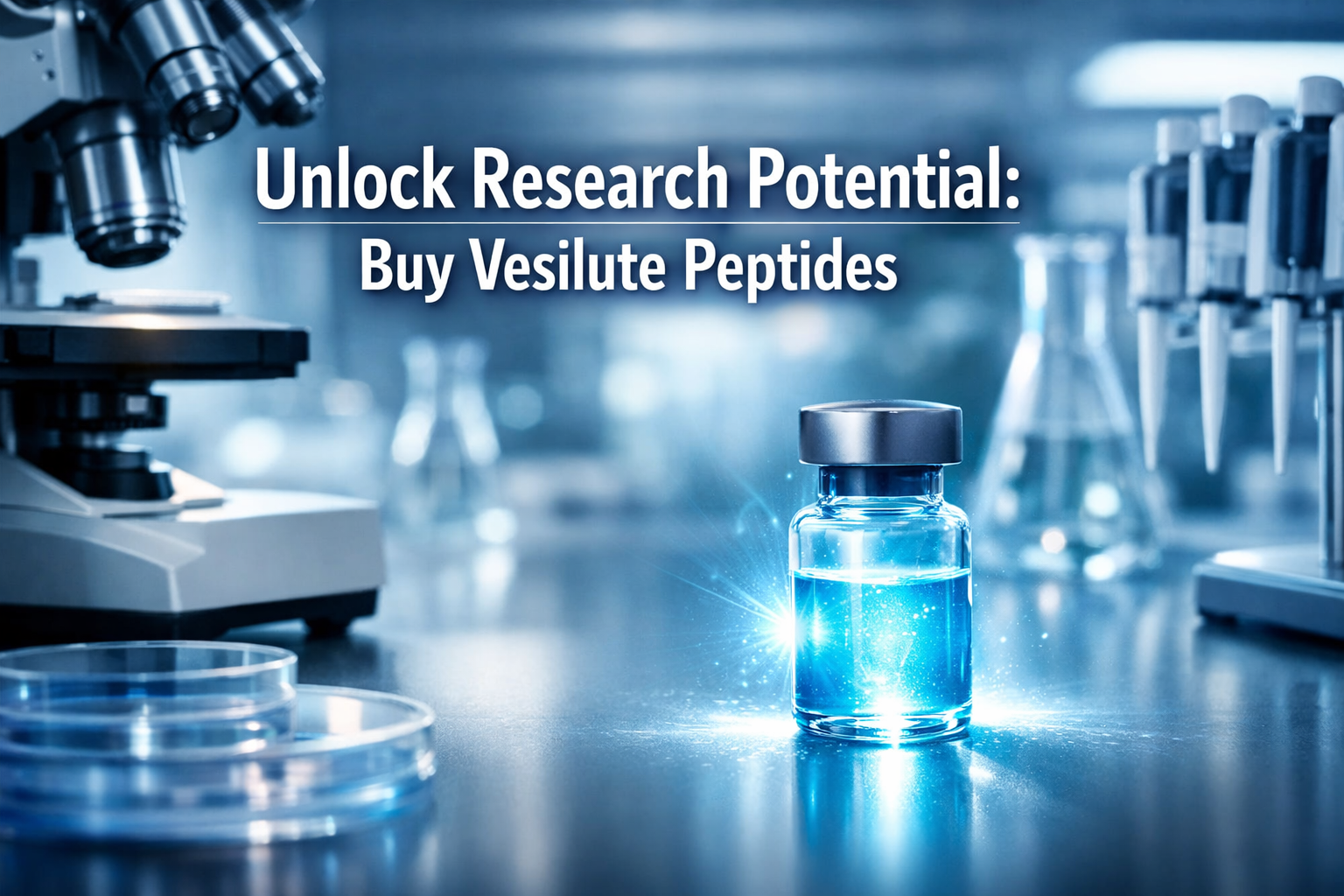 Professional landscape hero image (1536x1024) with bold text overlay: 'Unlock Research Potential: Buy Vesilute Peptides', modern sans-serif 