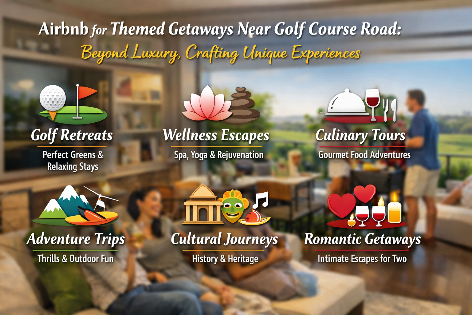 A vibrant, 'Golf Retreats', 'Wellness Escapes', 'Culinary Tours') with distinct icons and brief descriptions, overlaid on a
