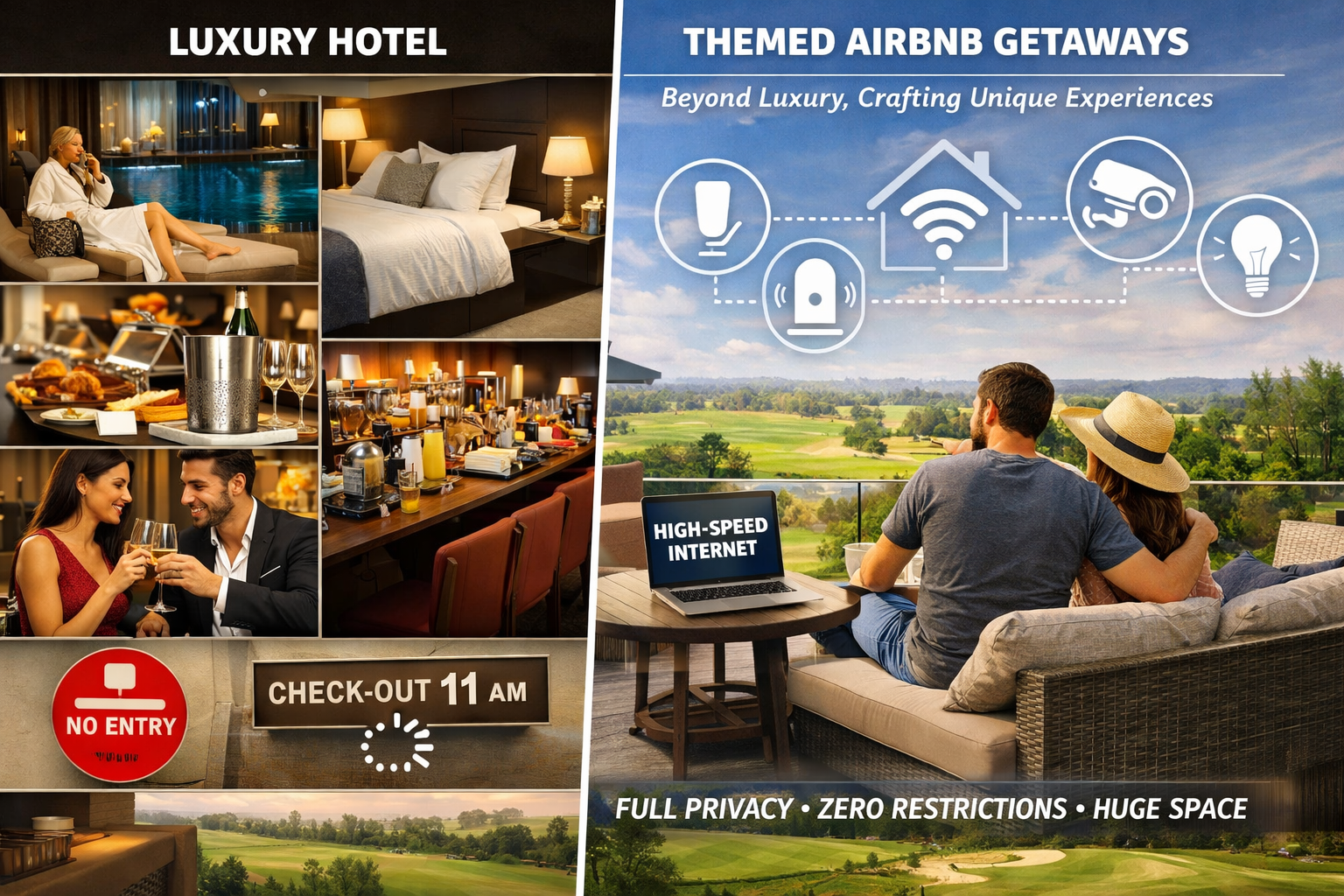 A split-screen composition contrasting generic luxury hotel amenities on one side with unique, personalized experiences