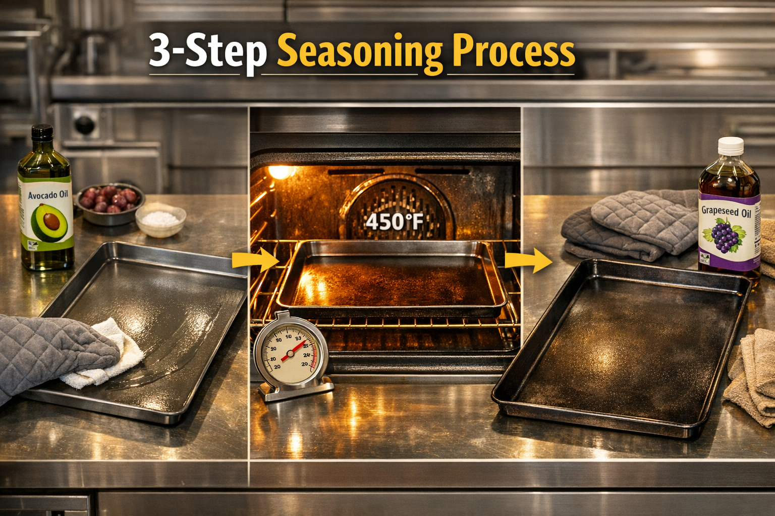 Detailed landscape format (1536x1024) image showing step-by-step seasoning process for carbon steel baking sheet. Split composition: left si