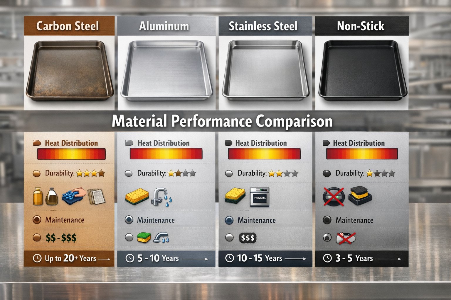 Comprehensive landscape format (1536x1024) comparison chart showing carbon steel baking sheet versus aluminum, stainless steel, and non-stic