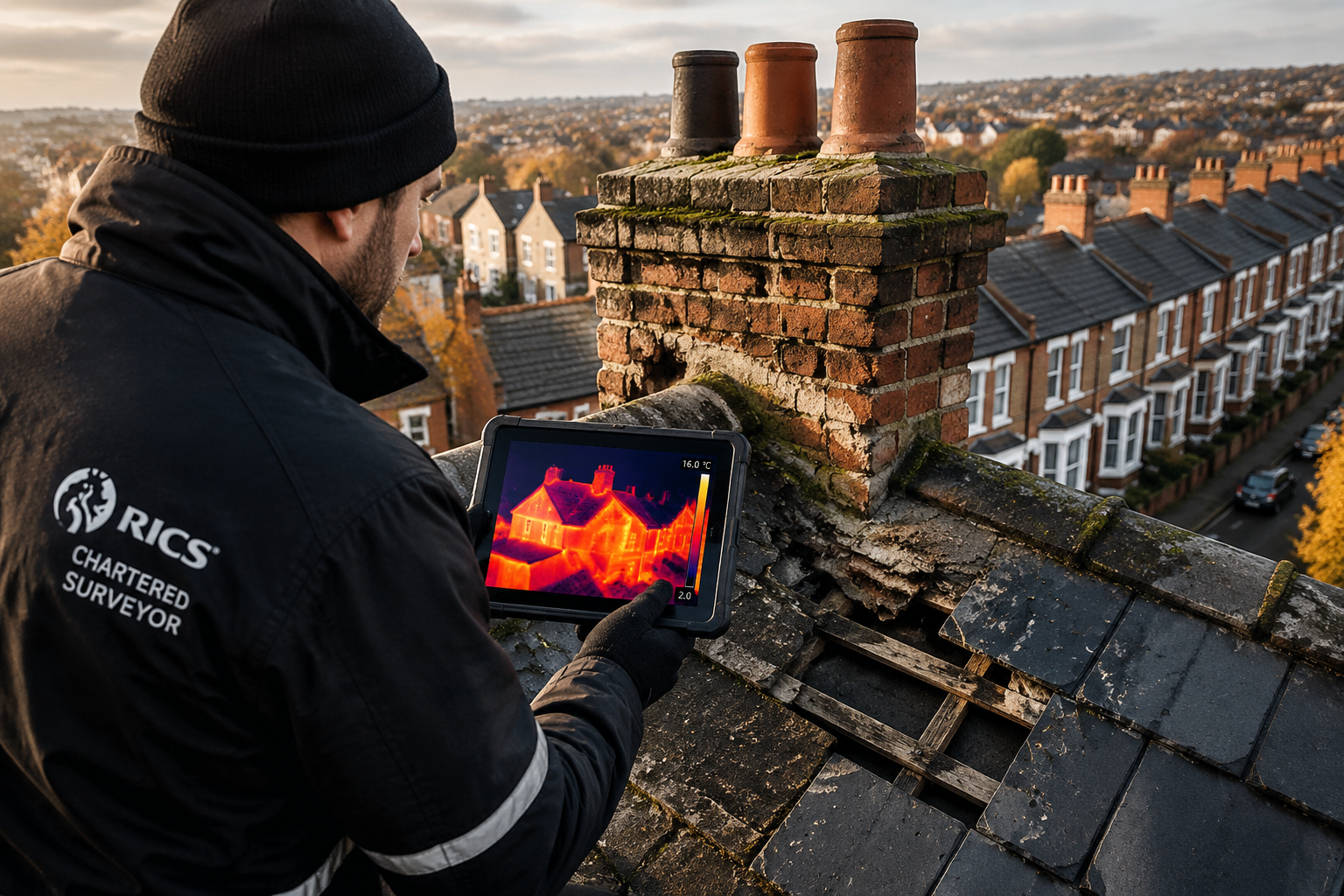 () dramatic close-up aerial perspective of a UK surveyor on a roof inspecting deteriorating chimney stack and missing roof