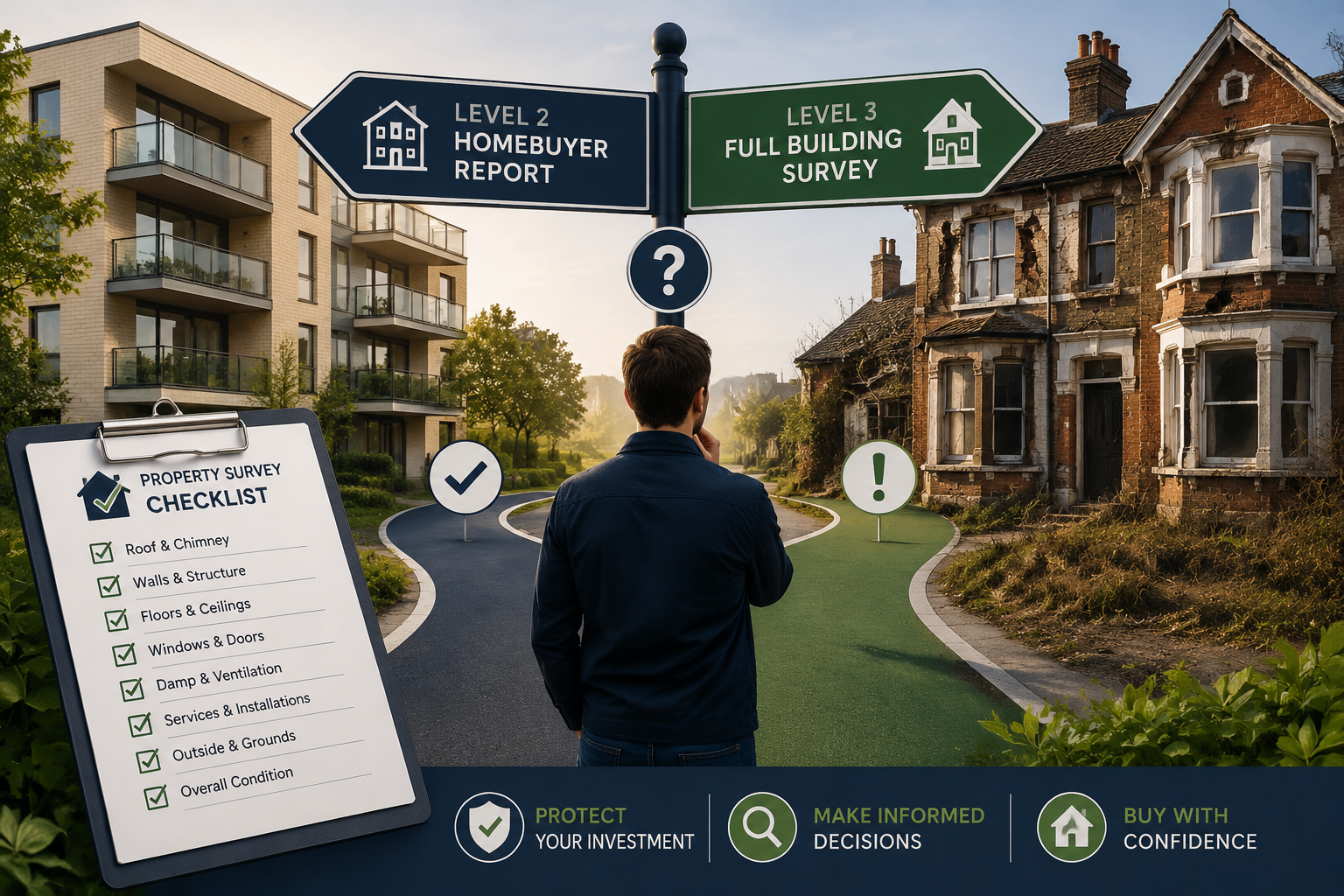 () decision-flow diagram visualization showing a UK homebuyer at a crossroads signpost, one path labeled 'Level 2 Homebuyer