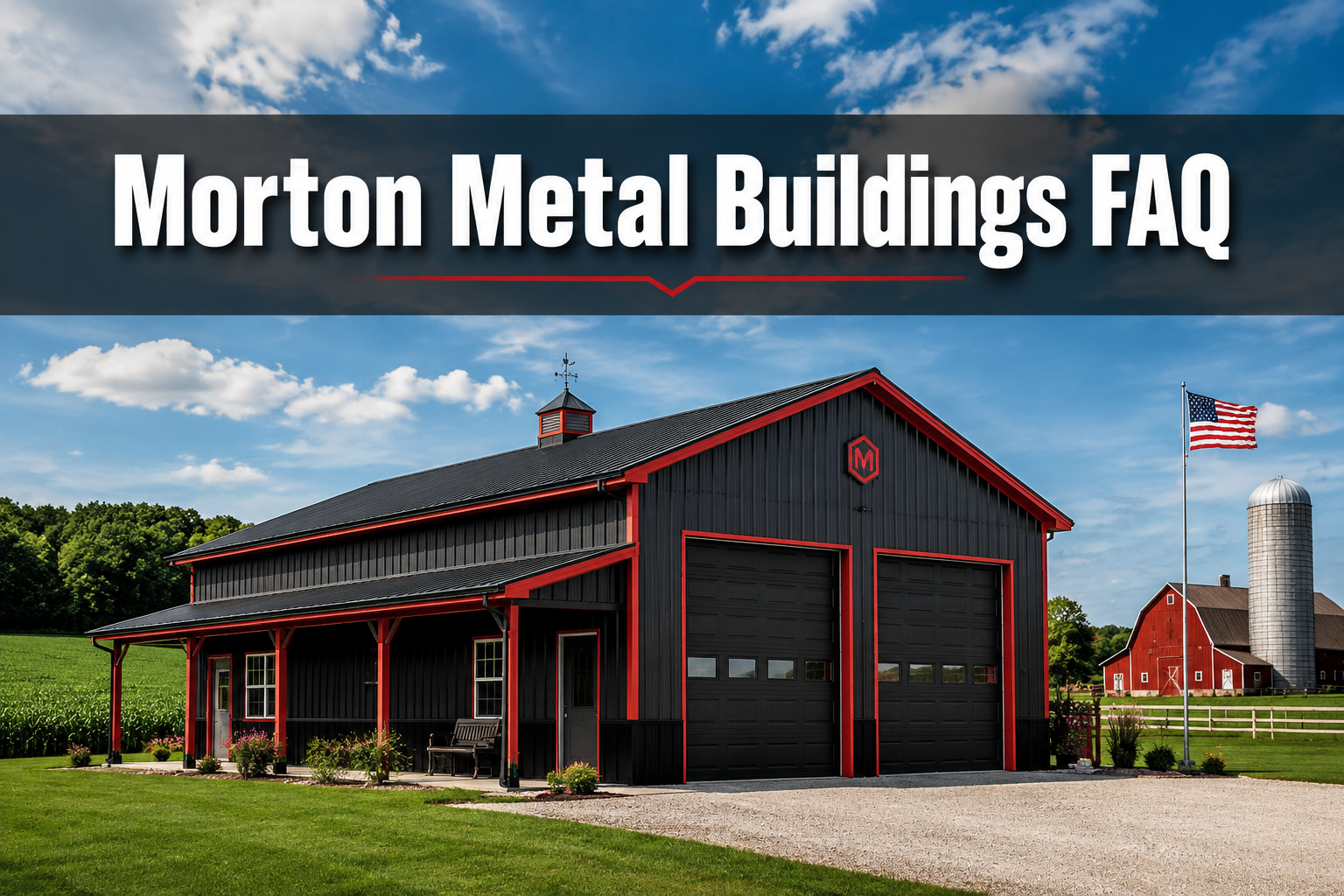 Professional () hero image with : 'Morton Metal Buildings FAQ' in extra large white with dark drop , centered in upper