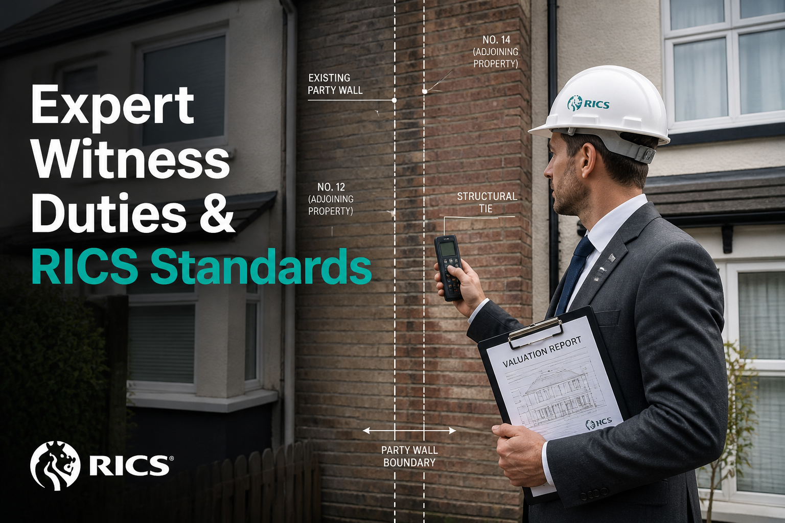 Detailed () showing a RICS-certified surveyor in a hard hat and suit standing at a party wall boundary between two