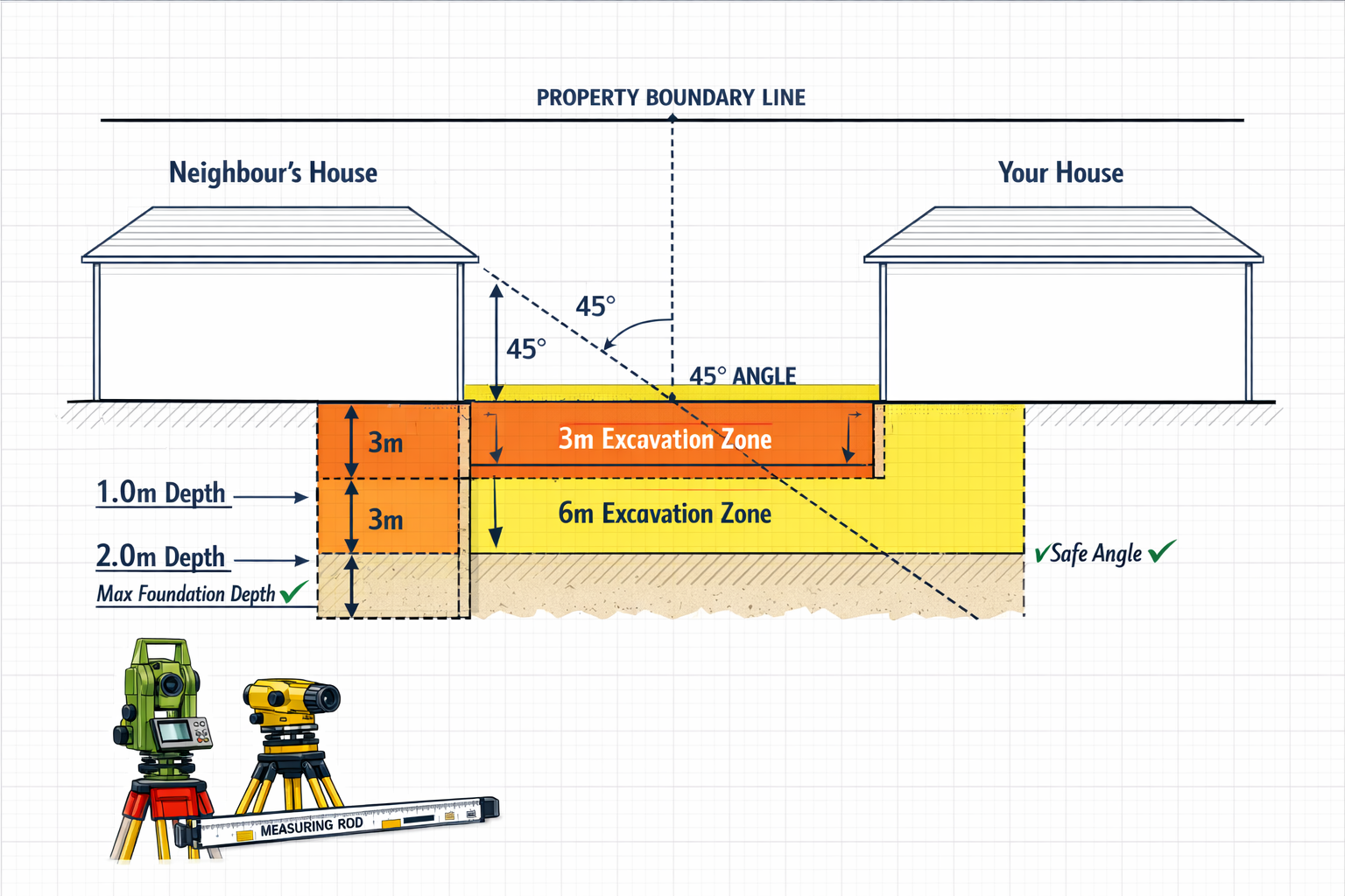 () technical diagram showing bird's eye view of property boundary line with two houses side by side, detailed foundation