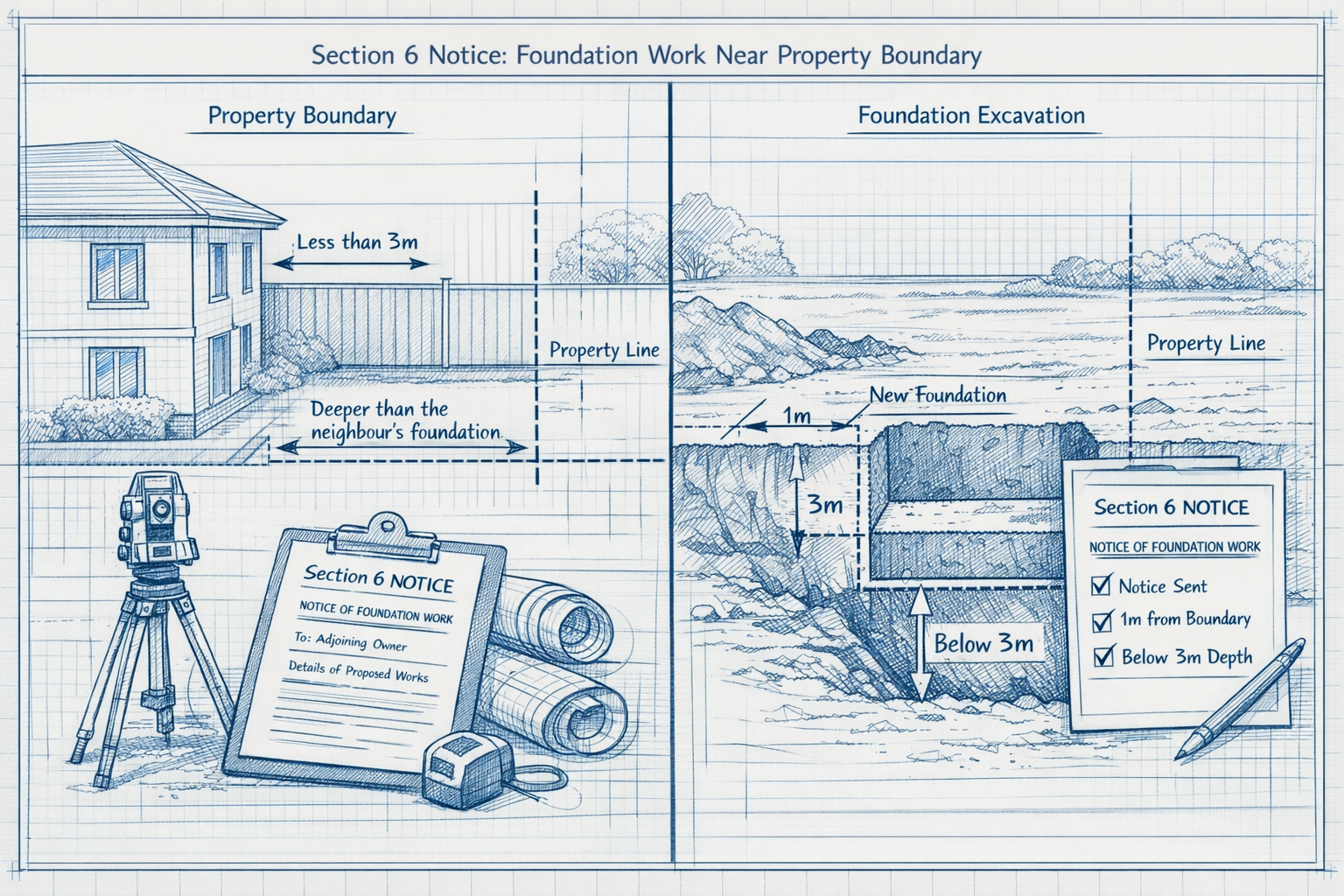 Professional architectural technical illustration showing Section 6 Notice requirements for foundation work near property