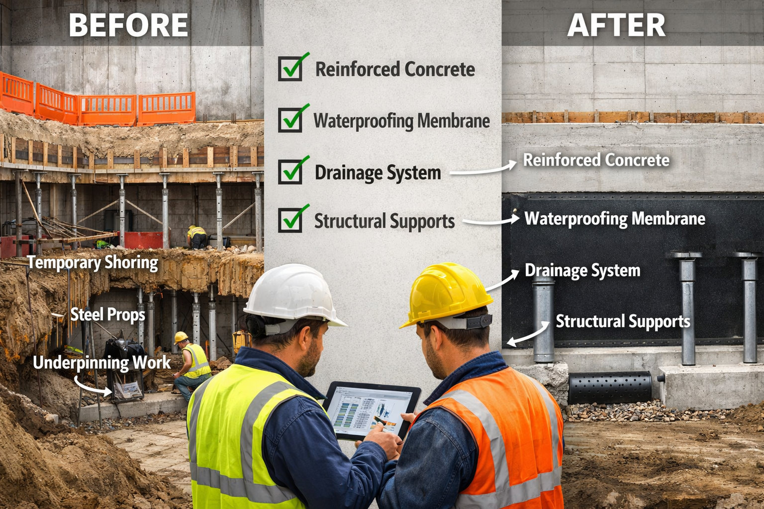 () split-screen composition showing before and after foundation protection measures. Left side: cross-section illustration