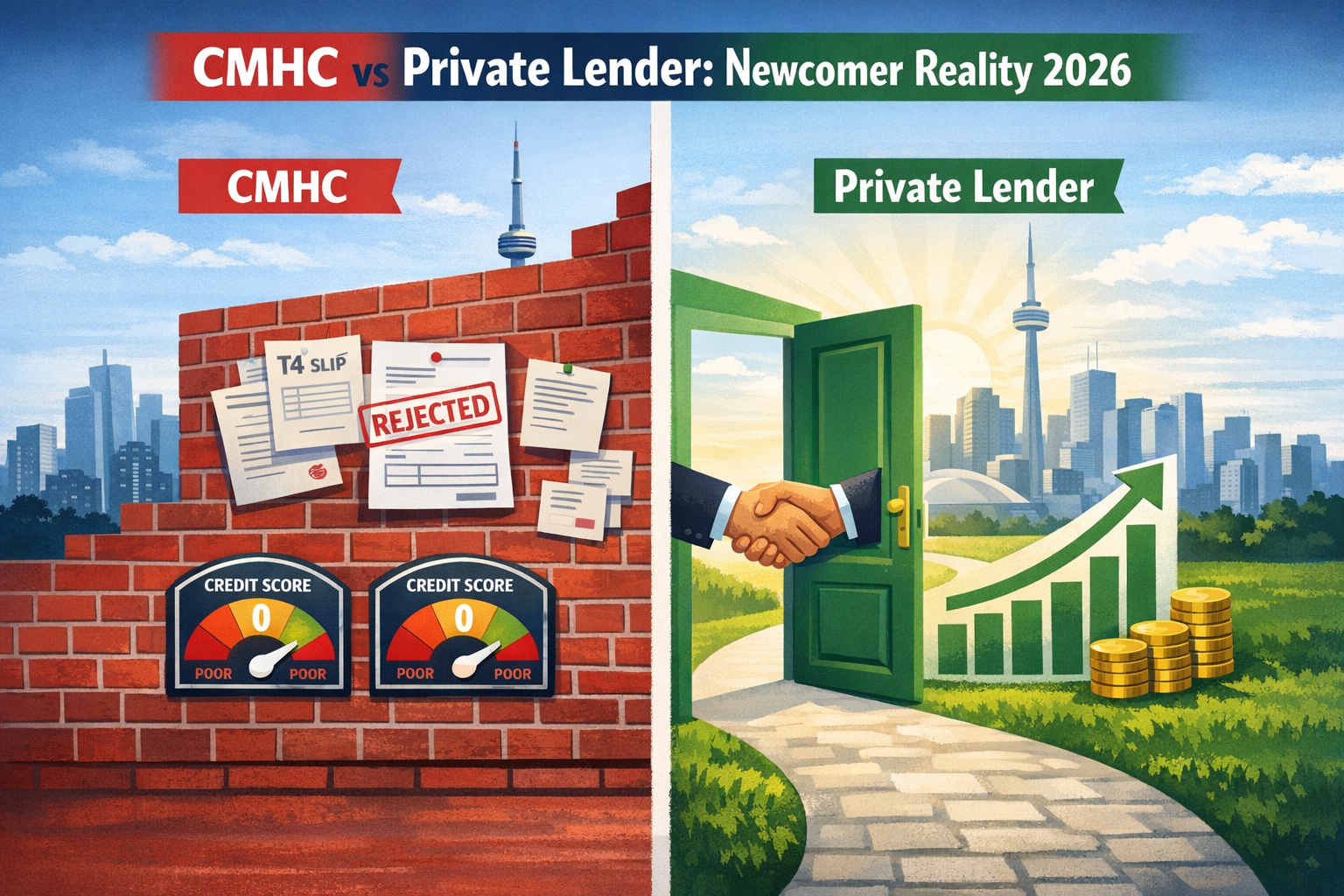 Detailed () infographic-style illustration showing a split comparison between CMHC institutional barriers (red brick wall