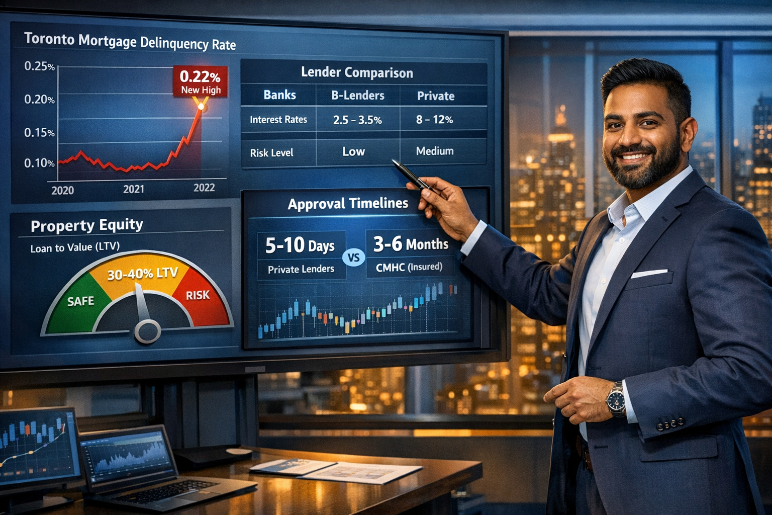 Detailed () data visualization scene showing a Toronto mortgage market dashboard with multiple charts: a rising delinquency