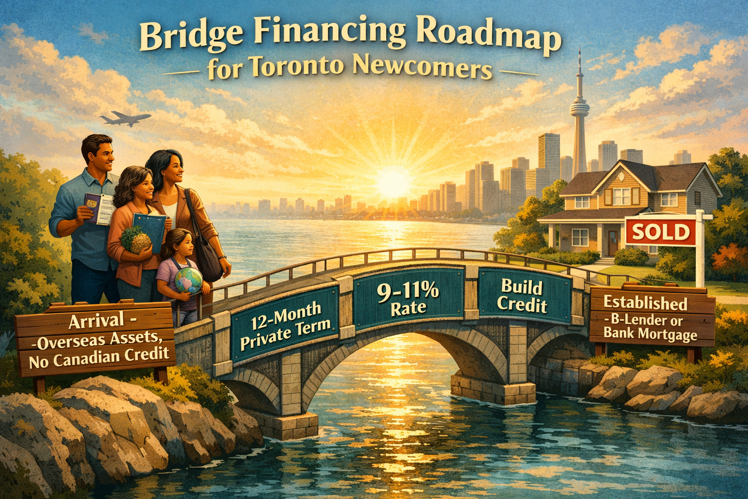 Detailed () concept illustration of a strategic bridge financing roadmap for Toronto newcomers. Visual shows a literal