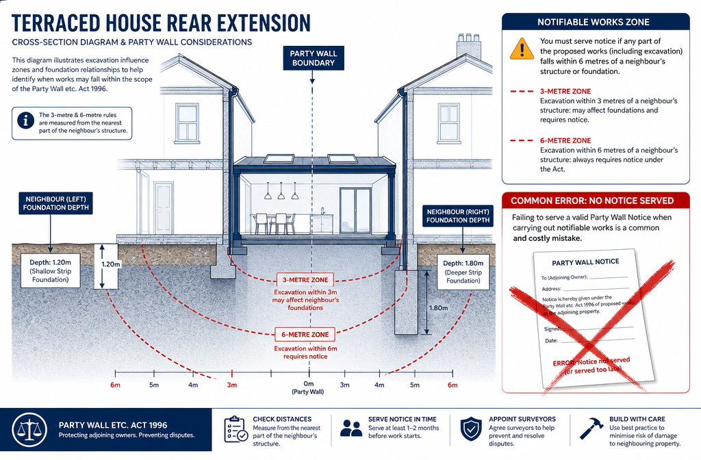 Detailed () illustration showing a cross-section architectural diagram of a terraced house rear extension, with annotated