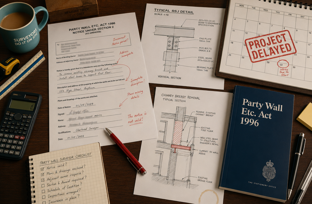 Detailed () close-up overhead shot of a professional surveyor's desk showing party wall notice documents spread out, a red