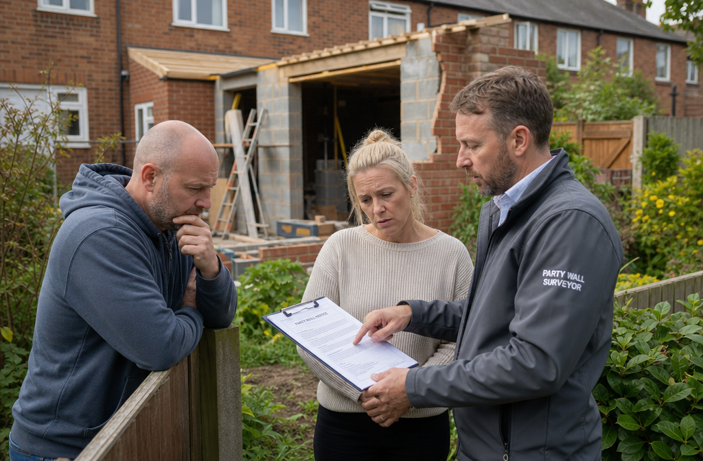 Detailed () side-angle photograph of two property owners and a party wall surveyor standing at a garden boundary fence,