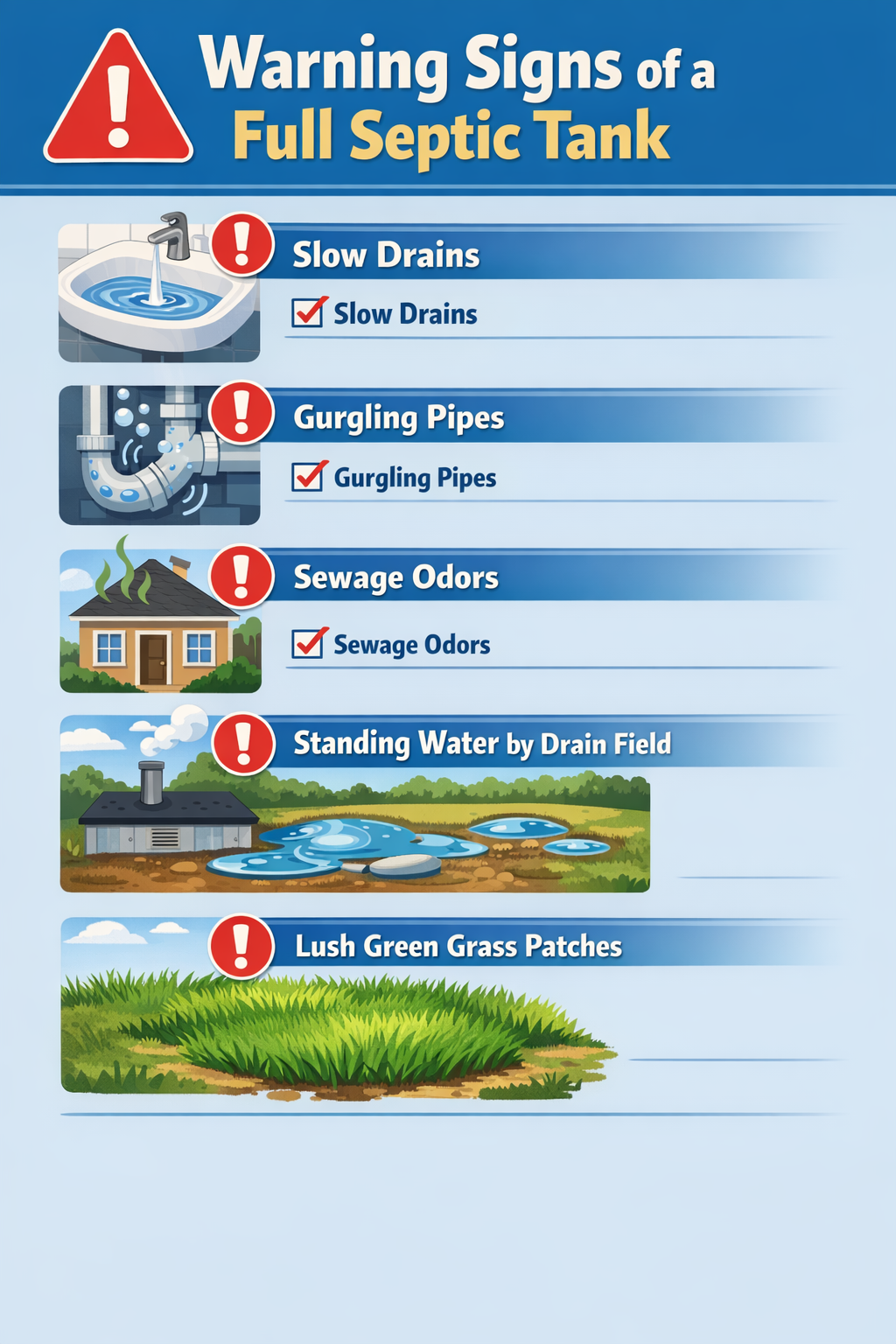 () infographic showing visual warning signs of full septic tank including slow drains, gurgling pipes, sewage odors,