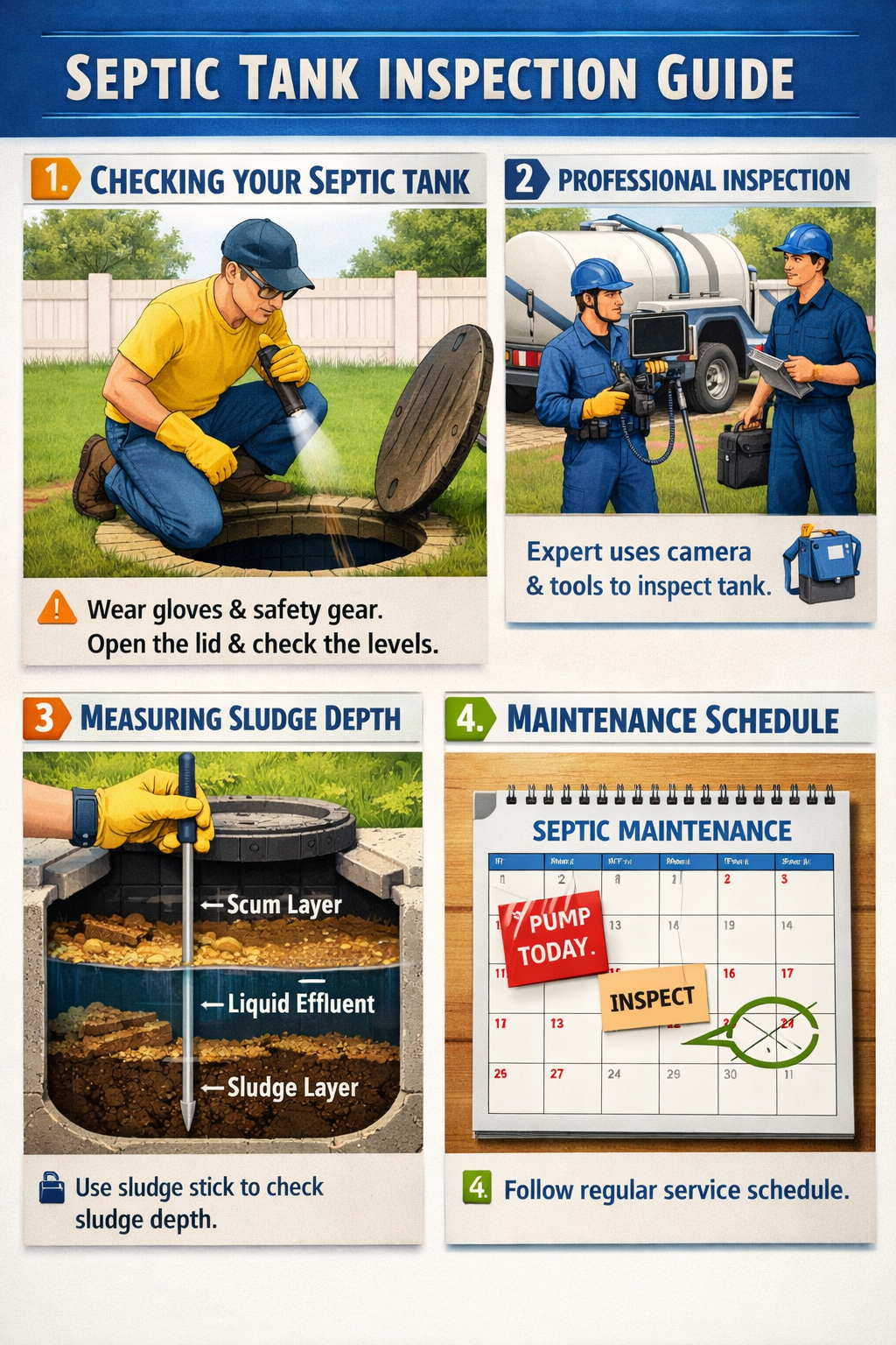 () step-by-step visual guide showing homeowner checking septic tank levels, measuring sludge depth with specialized tools,