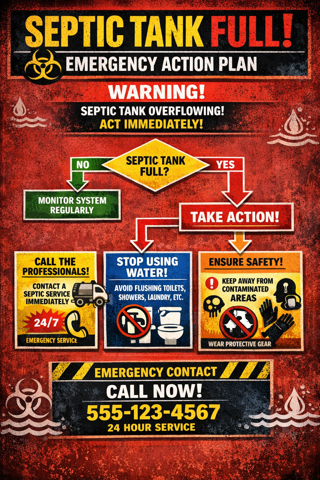 () emergency response flowchart showing immediate actions when septic tank is full, including calling professionals,