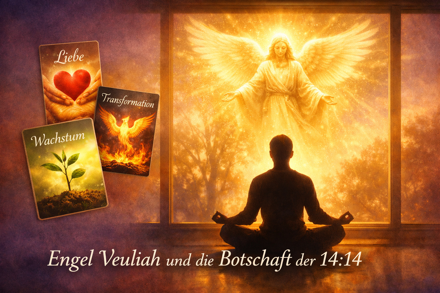 () serene meditation scene showing a person in silhouette sitting in lotus position before a large window at 14:14, with