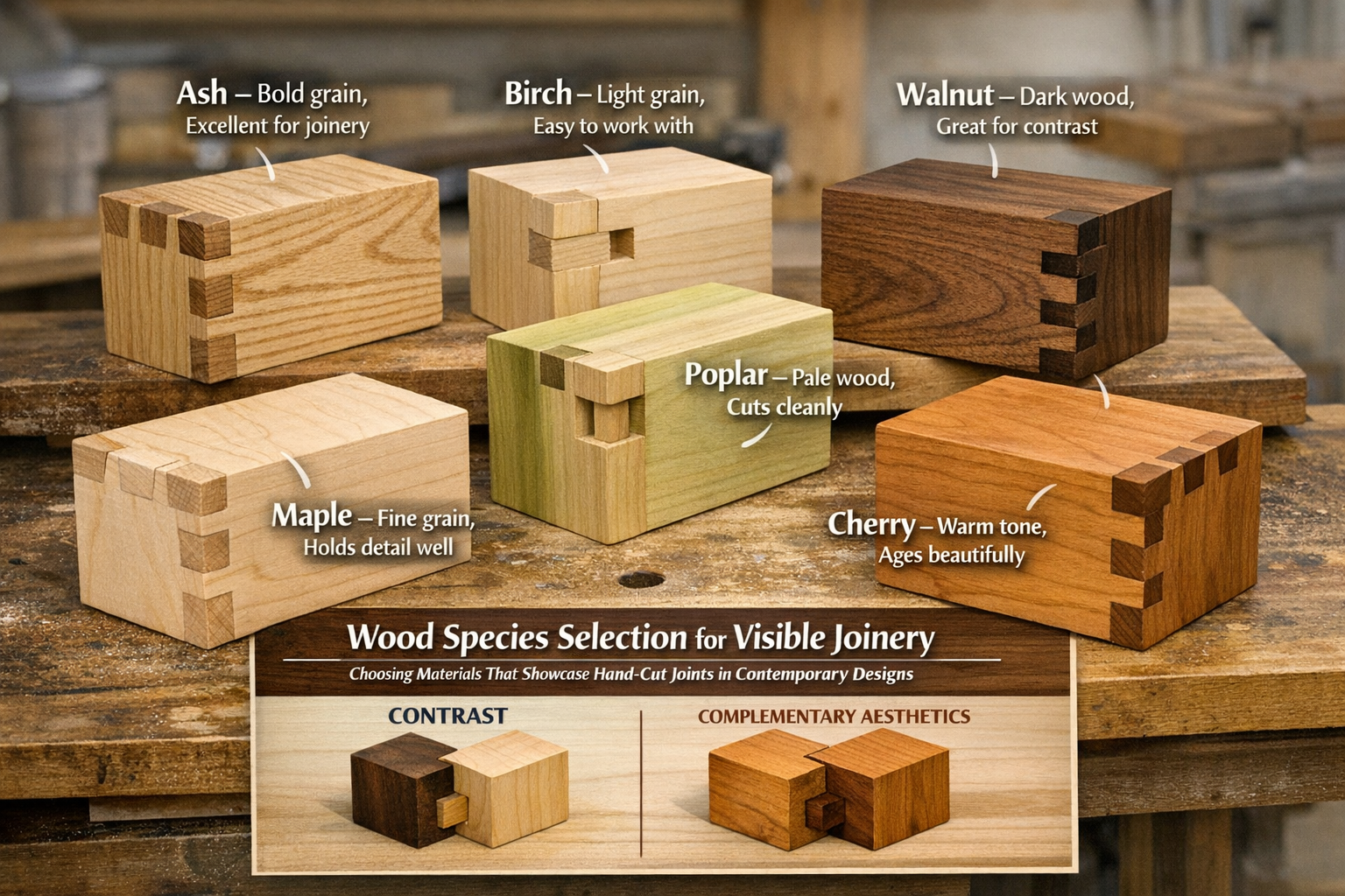 Landscape format (1536x1024) image displaying a diverse collection of wood samples, each featuring a different hand-cut joinery example (e.g