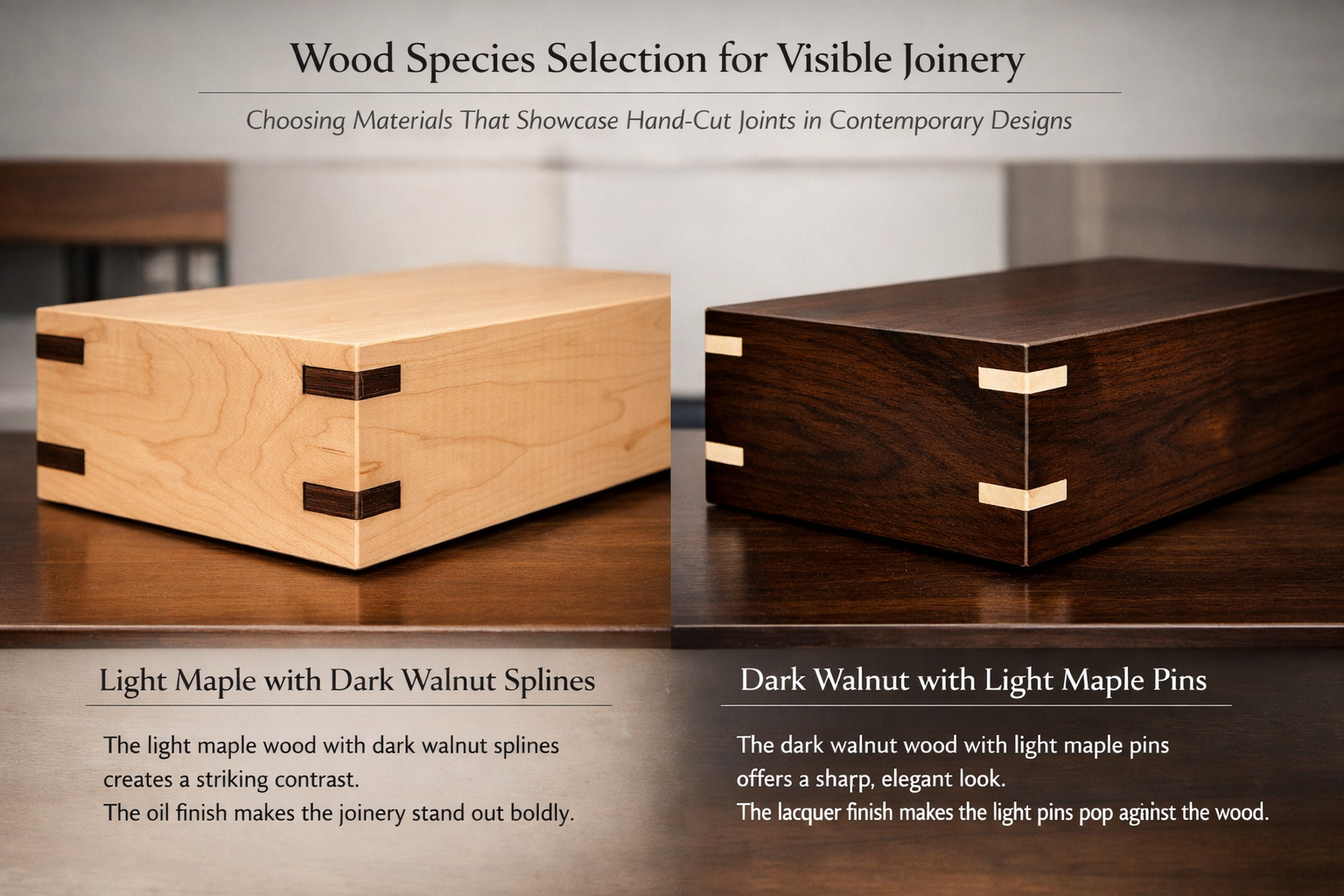 Landscape format (1536x1024) image presenting a side-by-side comparison of two finished wood pieces. One piece showcases a light wood (like 