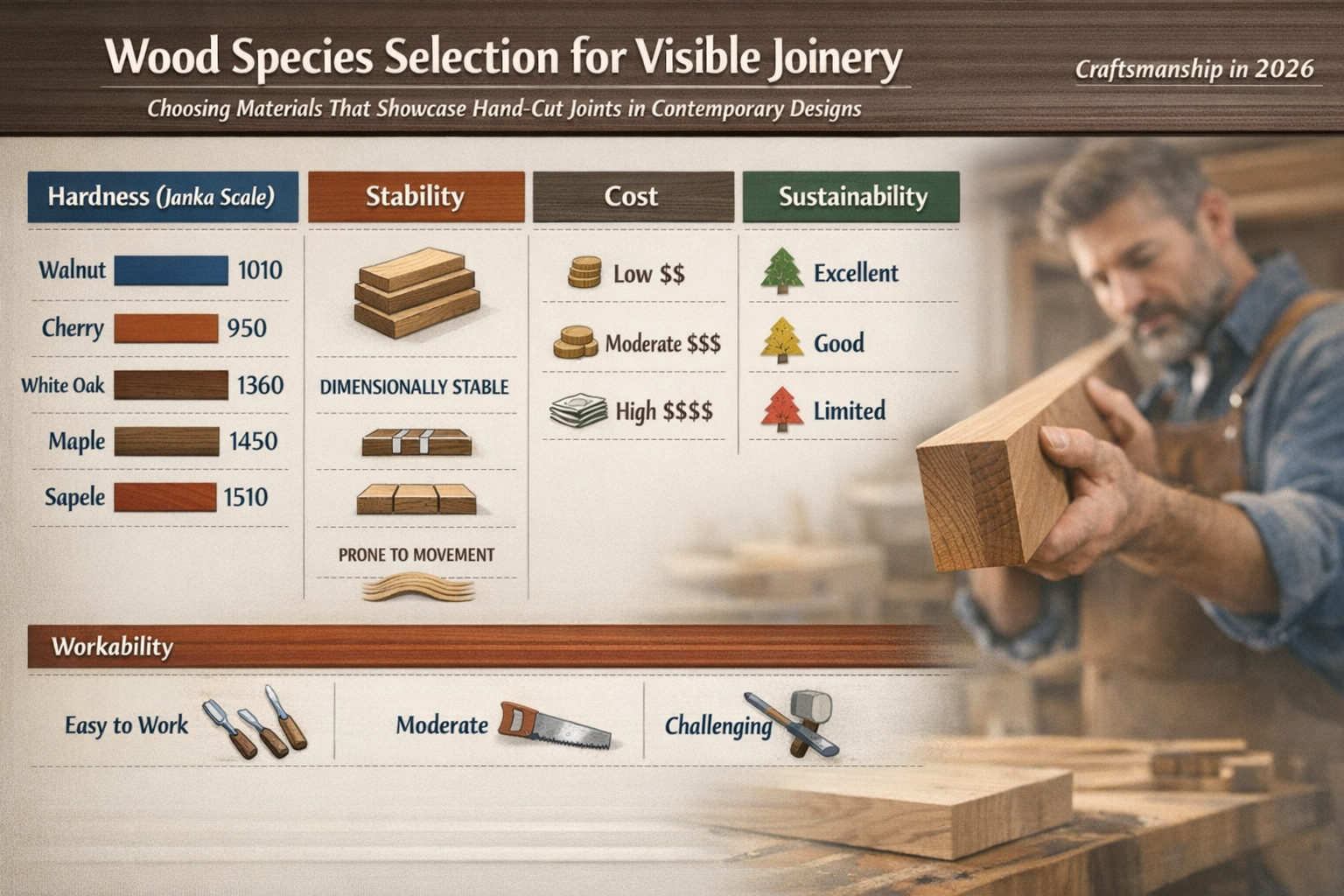 Landscape format (1536x1024) image featuring an infographic or chart illustrating key considerations for Wood Species Selection for Visible 