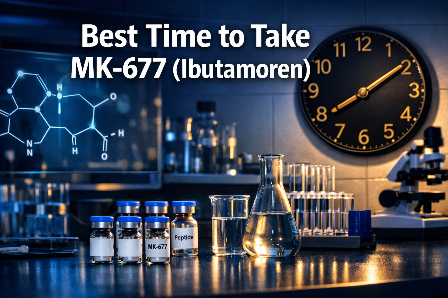 Professional landscape format (1536x1024) hero image featuring bold text overlay 'Best Time to Take MK-677 (Ibutamoren)' in extra large 72pt