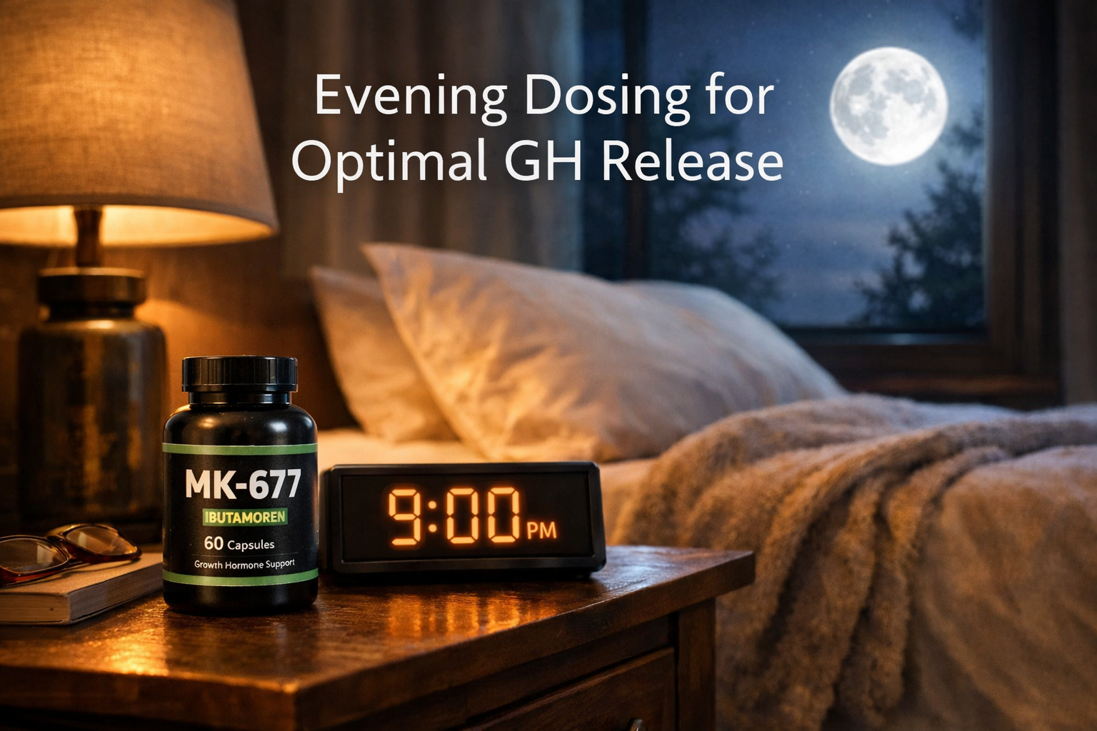 Detailed landscape format (1536x1024) image showing evening bedroom scene with bedside table containing MK-677 supplement bottle, digital cl