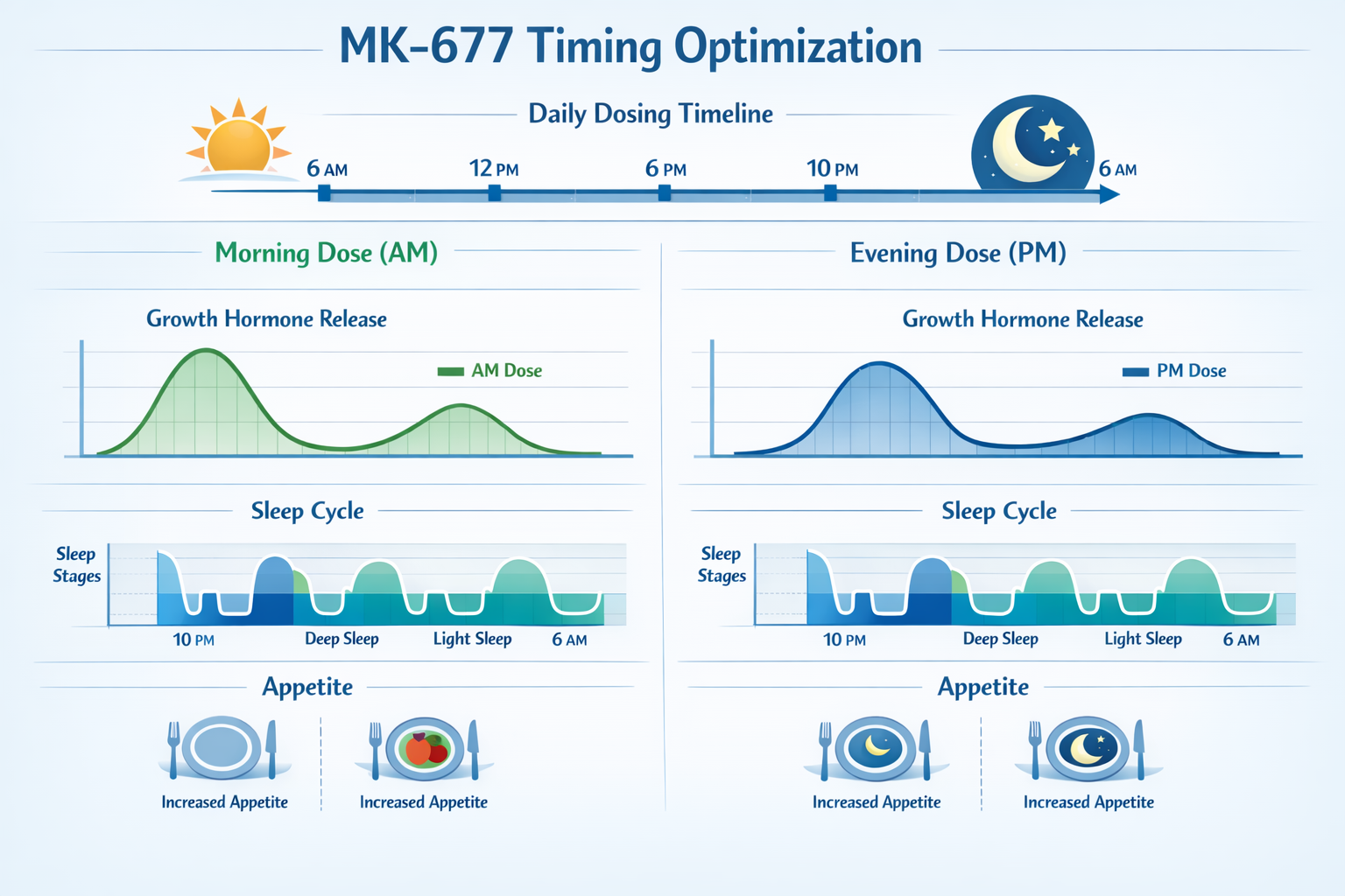 Landscape format (1536x1024) infographic showing daily dosing timeline with morning vs evening comparison chart, growth hormone release curv