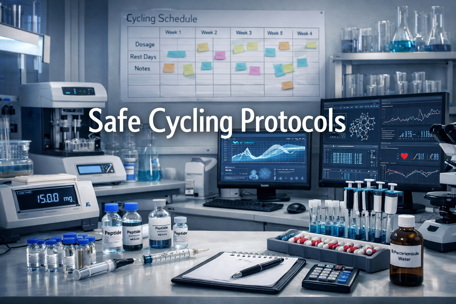 Professional landscape format (1536x1024) image displaying peptide research laboratory with testing equipment, cycle planning calendar, dosa